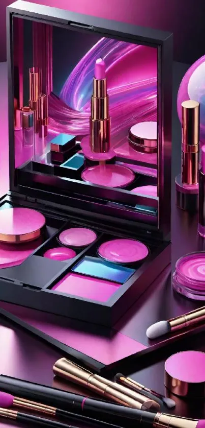 Vibrant purple and pink makeup set displayed elegantly.