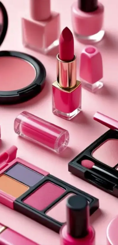 Assorted makeup items on pink background.