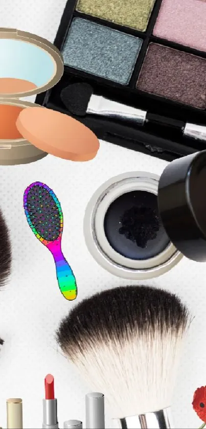 Colorful makeup and brushes wallpaper featuring varied beauty tools.