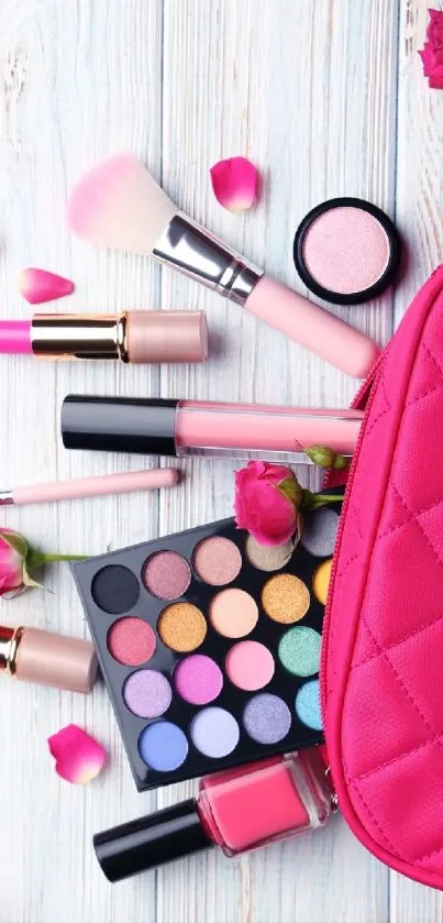 Vibrant pink makeup and cosmetic accessories arranged neatly.