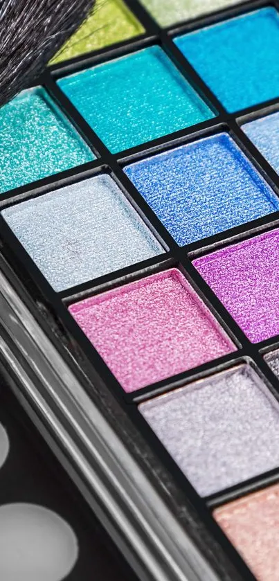 Colorful makeup palette with vibrant eyeshadows and brushes.