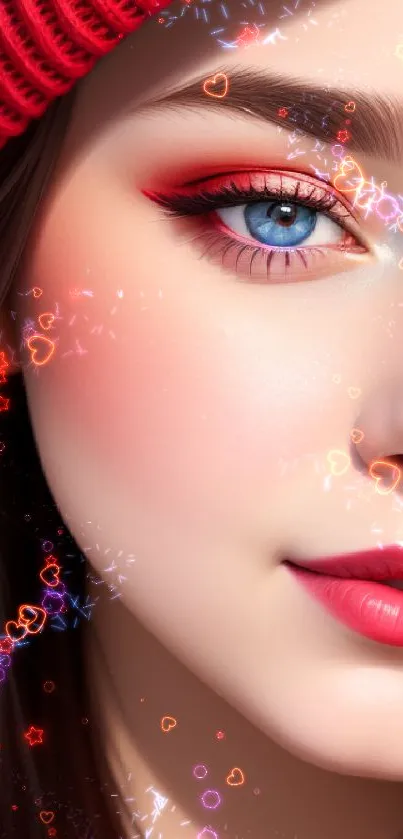 Close-up of a youthful face with vibrant makeup and red accents.