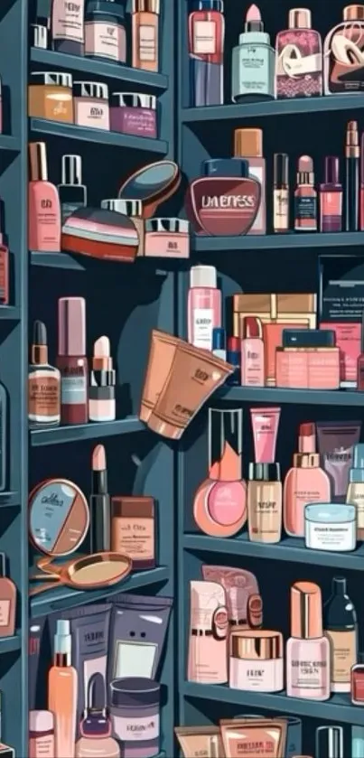 Artistic makeup shelf with various cosmetics displayed.