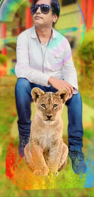 Man with sunglasses and lion cub in colorful, vibrant setting.