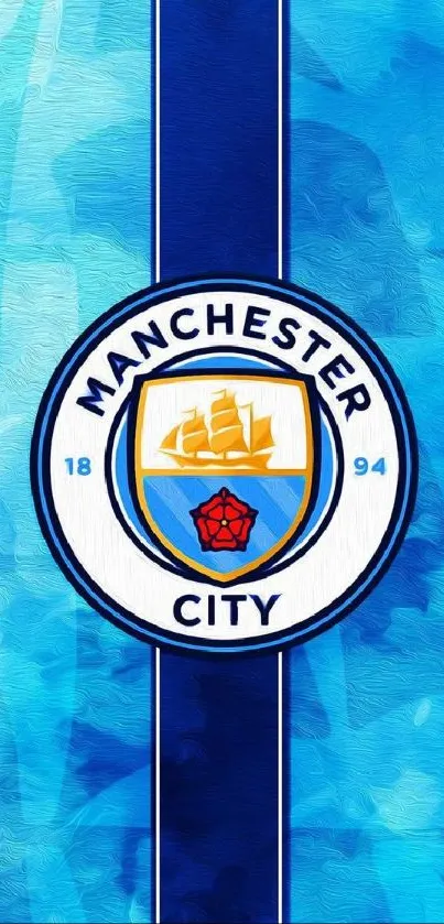 Manchester City crest on vibrant blue wallpaper