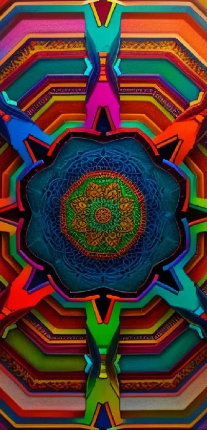 Vibrant mandala art mobile wallpaper with multicolor geometric design.