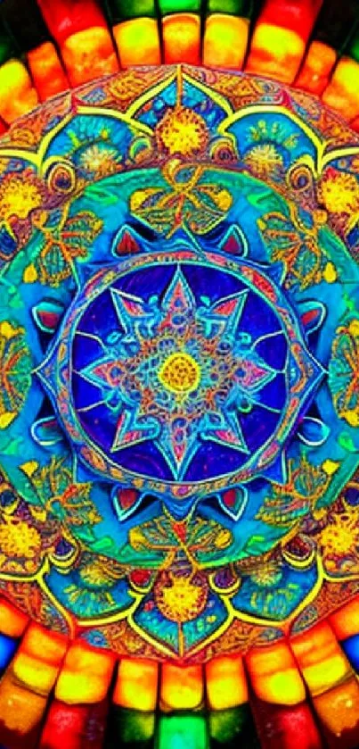 Colorful mandala design with vibrant blue and rainbow hues.