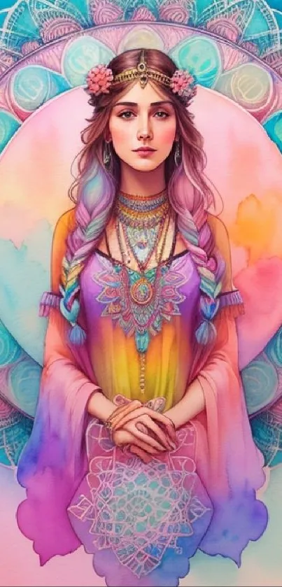 Bohemian styled woman surrounded by colorful mandala patterns.