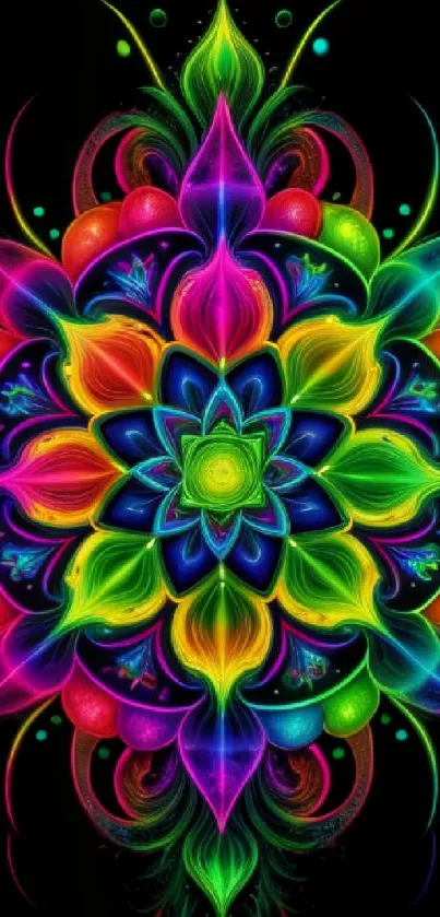 Vibrant neon mandala art wallpaper with colorful intricate patterns.