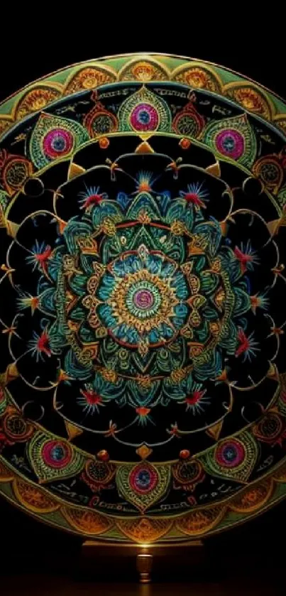 Vibrant mandala art with intricate details on a black background.