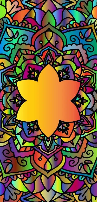 Vibrant mandala art wallpaper with colorful geometric design.