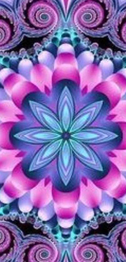 Vibrant abstract mandala wallpaper with pink, purple, and blue fractal design.