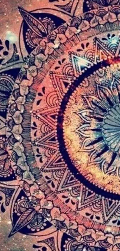 Vibrant mandala design with galaxy background in peach and blue hues.