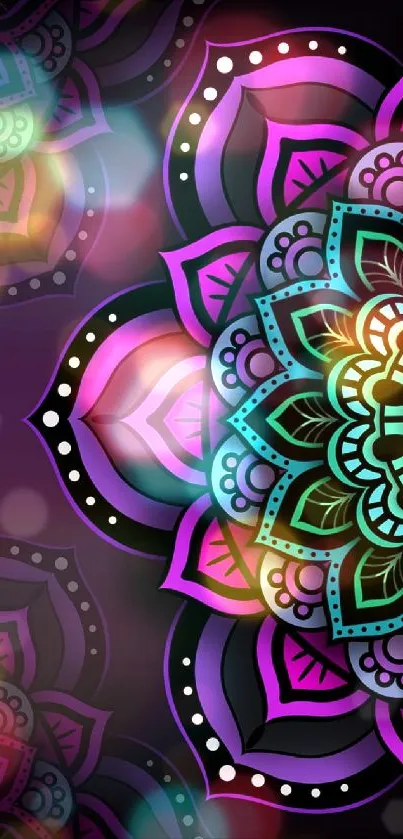 Vibrant mandala art wallpaper with neon colors and intricate patterns.