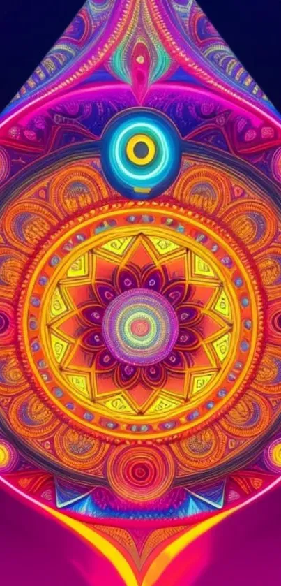 Vibrant mandala art with geometric, colorful patterns in shades of purple and yellow.