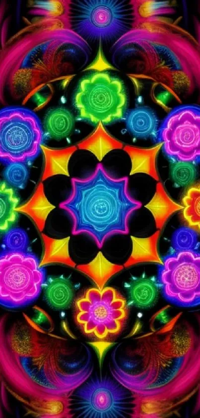 Vibrant neon mandala wallpaper with colorful rings and patterns.