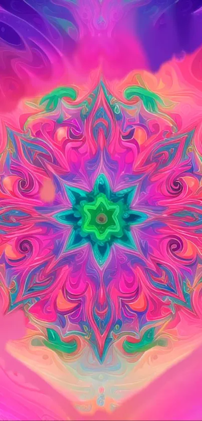 Colorful psychedelic mandala with swirls in pink and green.