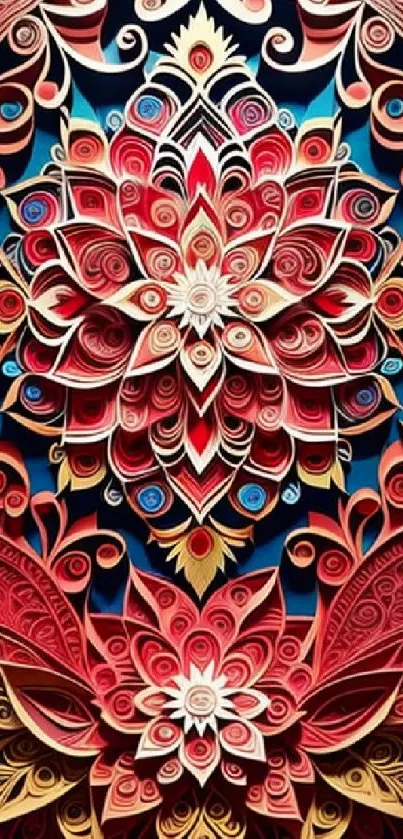 Intricate and colorful mandala art mobile wallpaper with vibrant red tones.