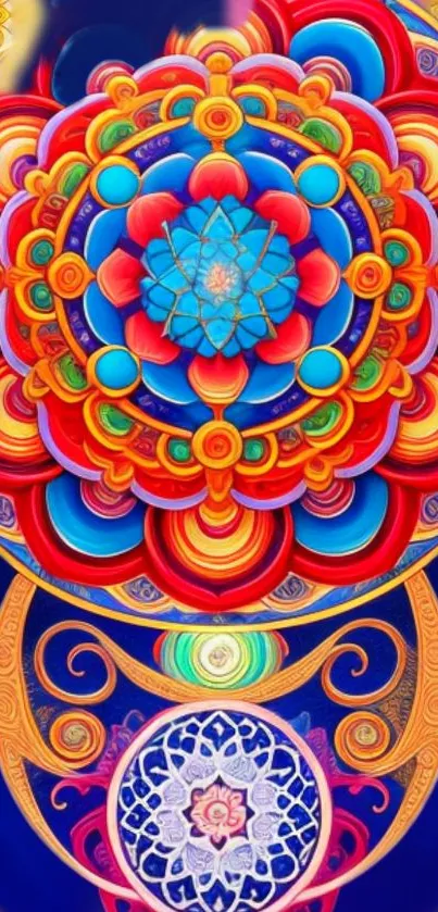 Vibrant mandala art wallpaper with colorful, intricate patterns.