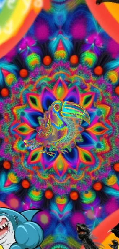 Vibrant mandala art with toucan in center, colorful and psychedelic patterns.