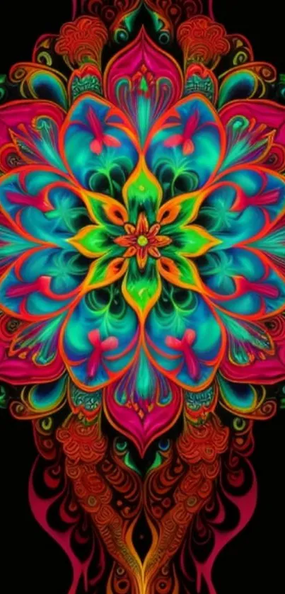 Vibrant mandala art wallpaper with bold, colorful patterns on a black background.