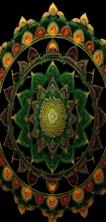 Vibrant green mandala art with intricate patterns against a dark background.