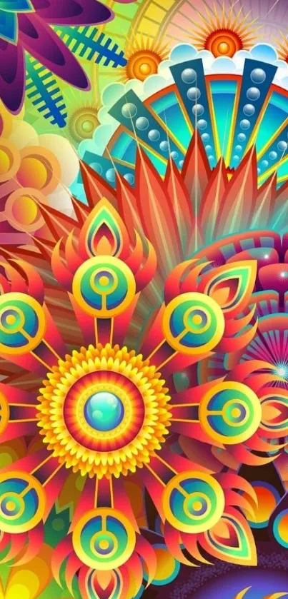 Vibrant mandala art wallpaper with colorful patterns.