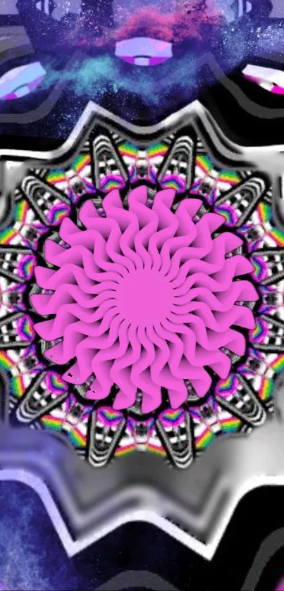 Vibrant mandala wallpaper with pink center and colorful details.