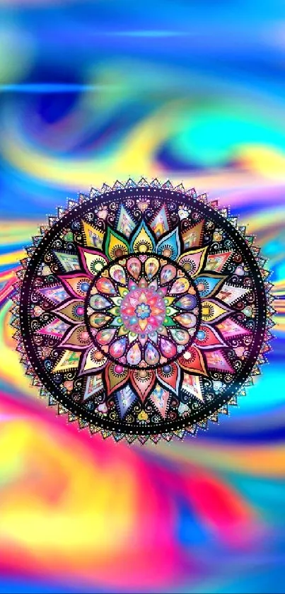 Vibrant mandala with swirling colorful patterns on blue background.