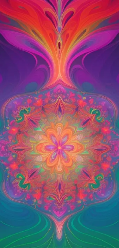 Vibrant mandala art with psychedelic colors and intricate patterns in purple tones.