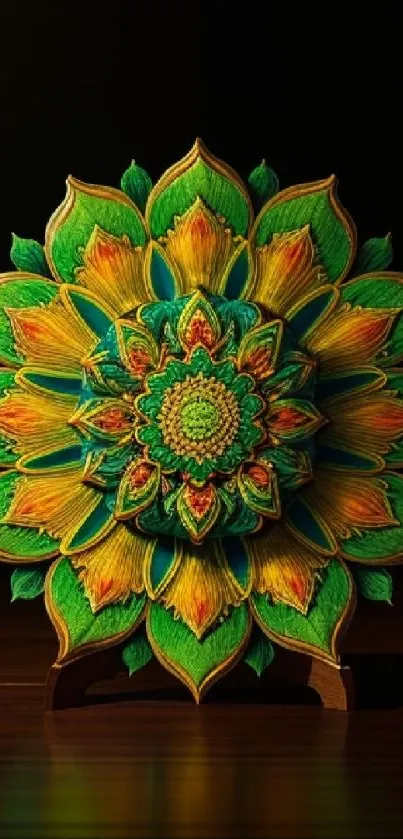 Intricate green mandala art on a dark background, vibrant and colorful.