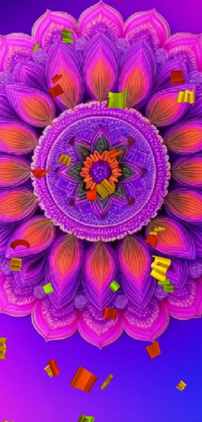 Colorful mandala artwork with vibrant purple and pink hues on a mobile wallpaper.