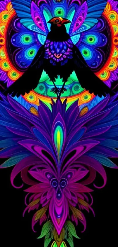 Vibrant mandala bird wallpaper with colorful and psychedelic patterns.