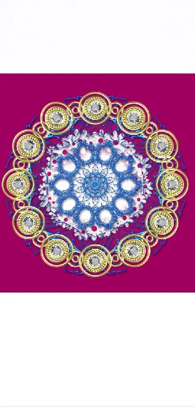 Vibrant mandala design with intricate patterns on a magenta background.