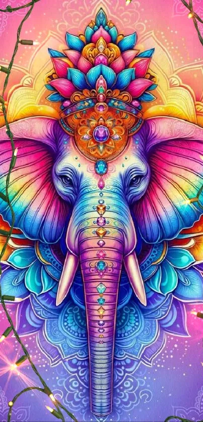 Vibrant mandala elephant with colorful patterns on a pink background.