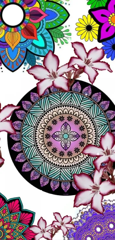 Colorful mandala and floral phone wallpaper with pink flowers.