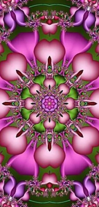 Vibrant mandala floral wallpaper in pink and green hues.