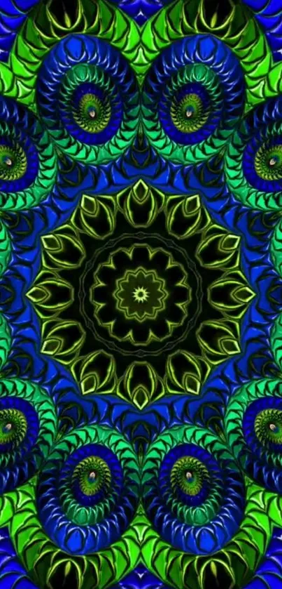 Vibrant fractal mandala with blue and green patterns on mobile wallpaper.