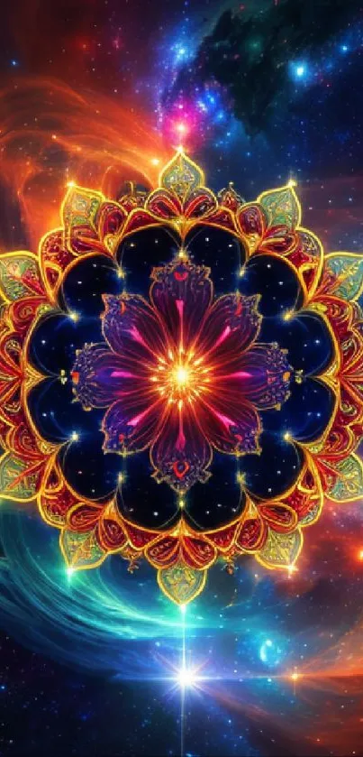 Vibrant mandala with galaxy backdrop.