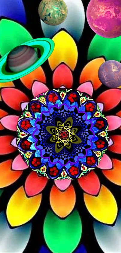 Vibrant mandala with colorful planets on a galaxy-themed wallpaper.