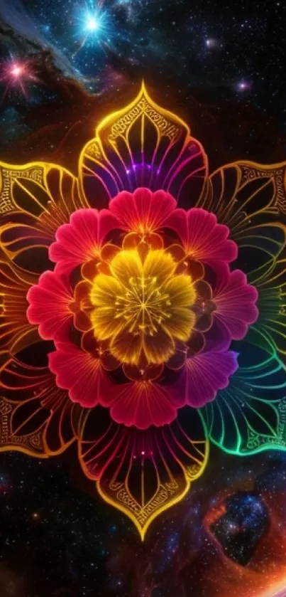 Vibrant mandala design with galaxy backdrop for mobile wallpaper.