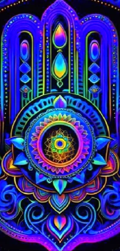 Vibrant neon Hamsa mandala design wallpaper.