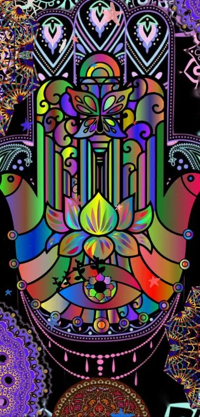 Vibrant mandala and hamsa design with colorful details on black background.