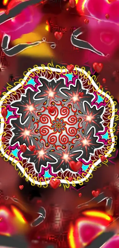 Vivid mandala wallpaper with hearts and intricate patterns in red tones.