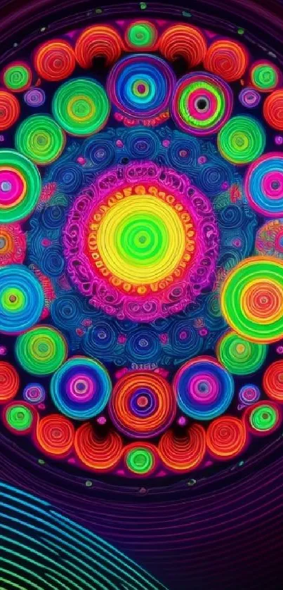 Colorful mandala kaleidoscope wallpaper with concentric circles and vibrant patterns.