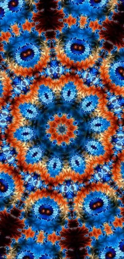 Vibrant blue and orange mandala kaleidoscope wallpaper with intricate patterns.