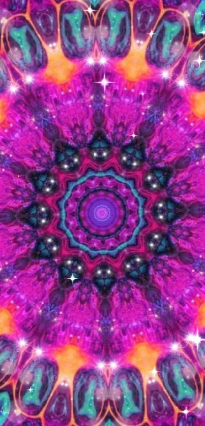 Vibrant purple mandala kaleidoscope wallpaper with colorful patterns.