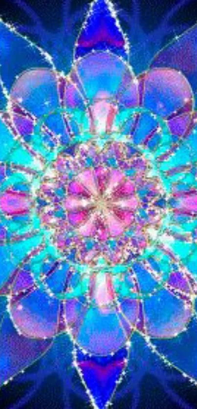 Vibrant mandala pattern with blue and purple kaleidoscope effect.