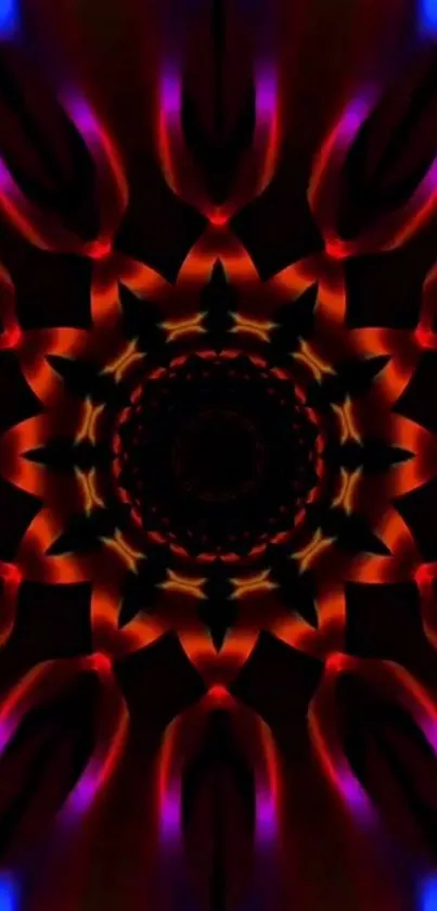 Colorful mandala kaleidoscope wallpaper in red, purple, and black.