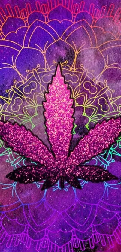 Vibrant purple mandala wallpaper with glittering leaf.